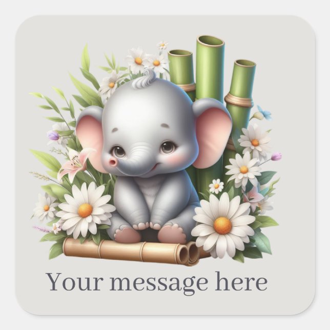 Cute baby girl elephant add message square sticker (Front)
