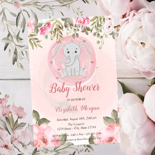 Cute Baby Girl Elephant,Floral Baby Shower Invitation