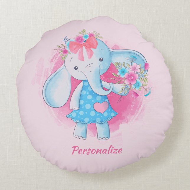 Cute Baby Girl Elephant Flowers Pink Bow Cartoon Round Cushion (Back)