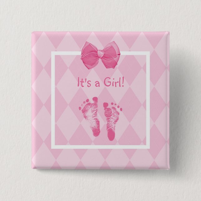 Cute Baby Girl Footprints Birth Announcement 15 Cm Square Badge (Front)
