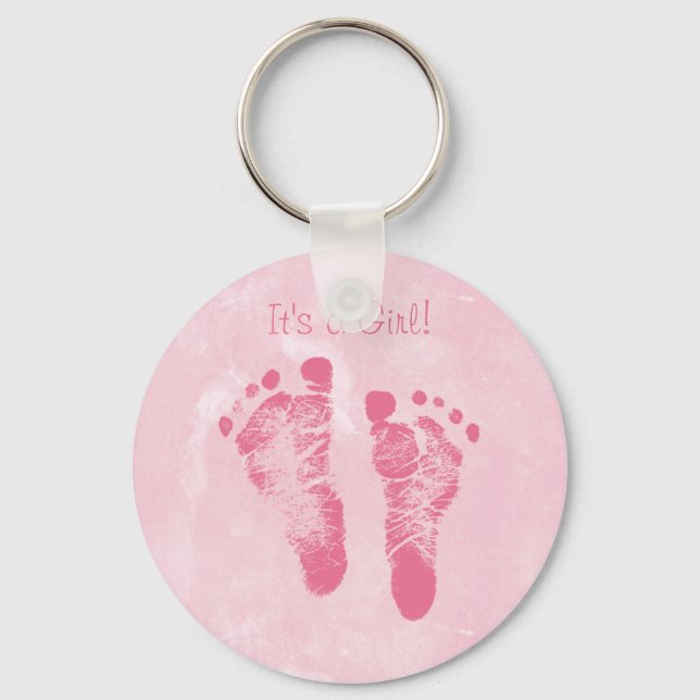 Cute Baby Girl Footprints Birth Announcement Key Ring (Front)