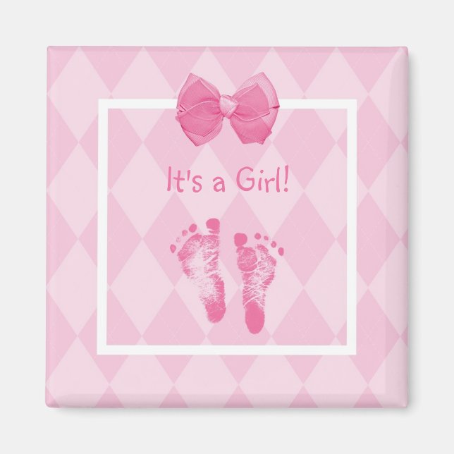 Cute Baby Girl Footprints Birth Announcement Magnet (Front)