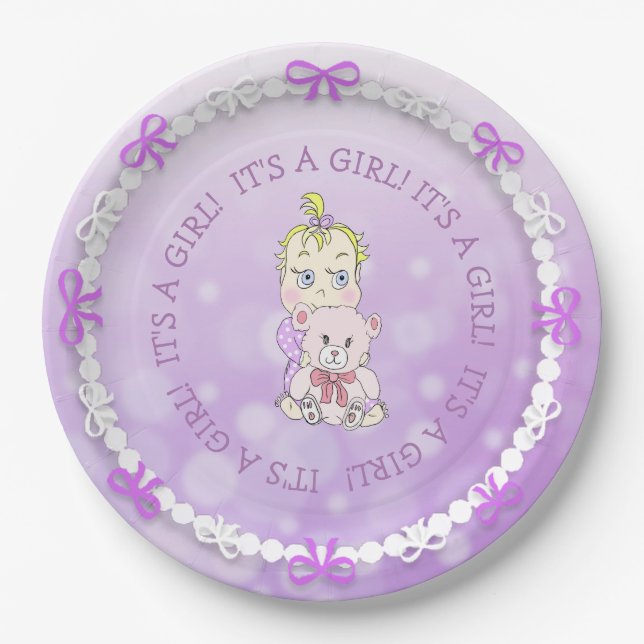Cute Baby Girl Holding Teddy Bear Baby Shower Paper Plate (Front)