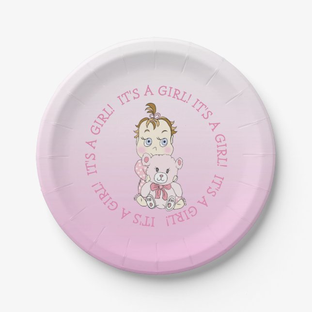 Cute Baby Girl Holding Teddy Bear Baby Shower Paper Plate (Front)