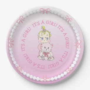 Cute Baby Girl Holding Teddy Bear Baby Shower Paper Plate
