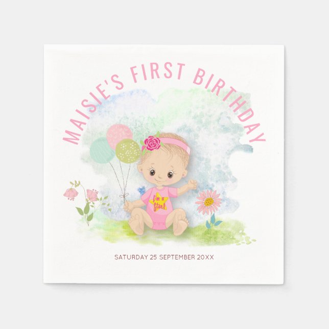 Cute Baby Girl illustration First Birthday Party Napkin (Front)