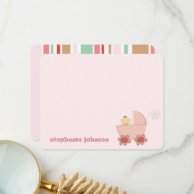 Cute Baby Girl In Pink Pram Whimsical Baby Shower Thank You Card (Front/Back In Situ)