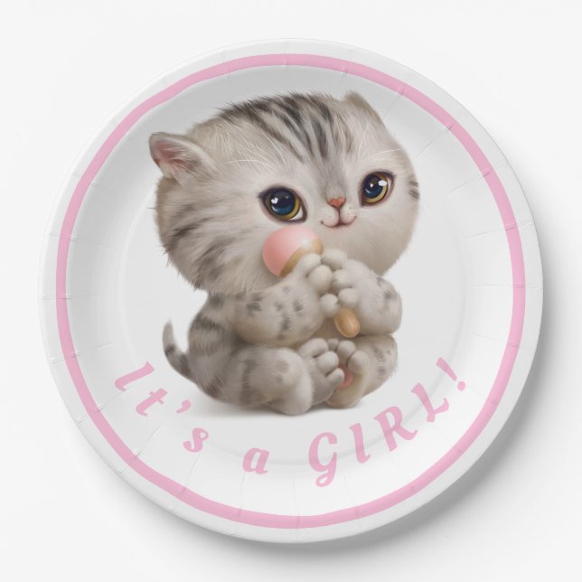 Cute Baby Girl Kitten Hand Drawn Pink Typography Paper Plate (Front)