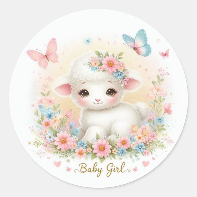 Cute Baby Girl Lamb, Butterflies and Flowers Classic Round Sticker (Front)