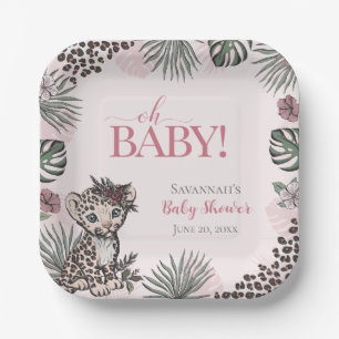 Cute Baby Girl Leopard Cub Pink Baby Shower Paper Plate