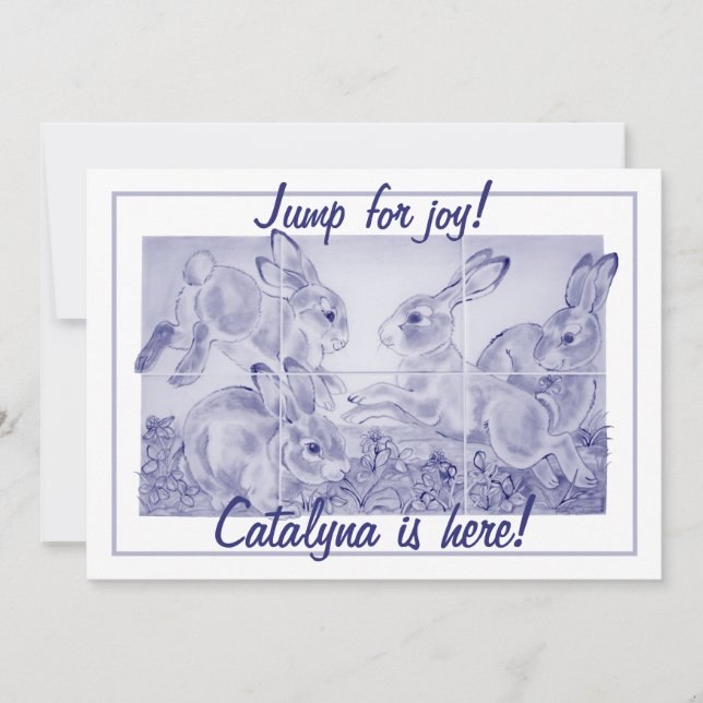 Cute Baby Girl or Boy Bunny Art Personalised Birth Announcement (Front)