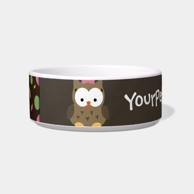 Cute Baby Girl Owl, Pink/Green/Brown Bowl (Left)