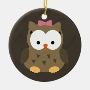 Cute Baby Girl Owl with Pink Bow Ceramic Tree Decoration