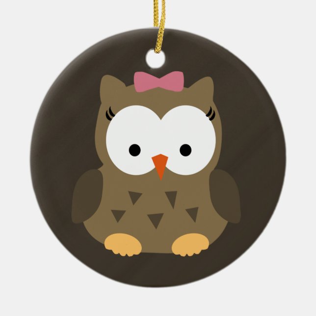 Cute Baby Girl Owl with Pink Bow Ceramic Tree Decoration (Front)