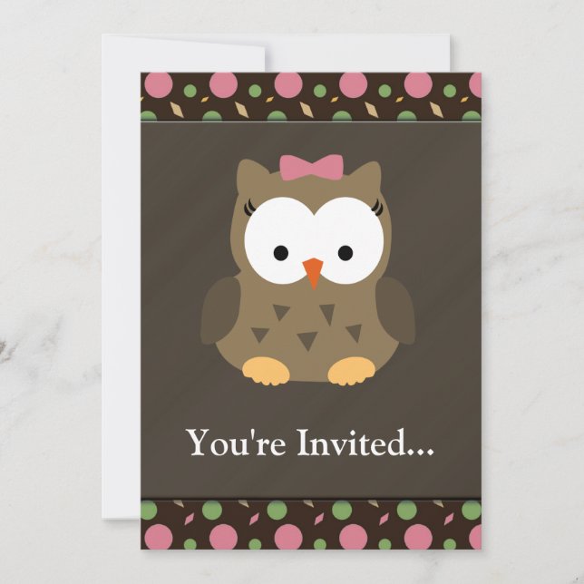 Cute Baby Girl Owl with Pink Bow Invitation (Front)