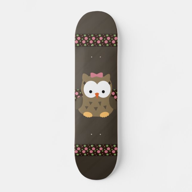 Cute Baby Girl Owl with Pink Bow Skateboard (Front)
