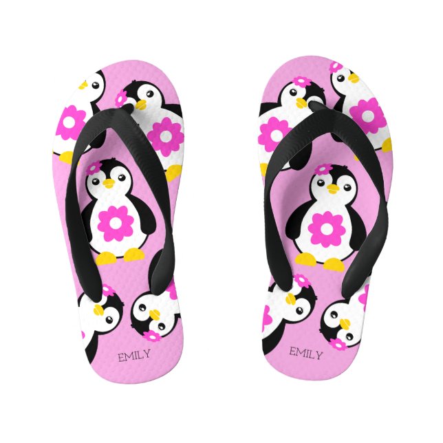 Cute Baby Girl Penguins with Pink Flowers Kid's Jandals (Footbed)