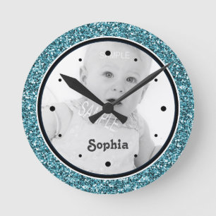 Cute Baby Girl Photo Blue Glitter Look Round Clock