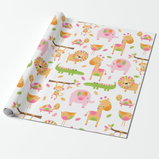 Cute Baby Girl Pink Jungle Animal Wrapping Paper (Unrolled)