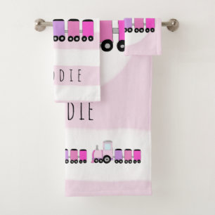 Cute Baby Girl Pink Locomotive Train & Name Bath Towel Set