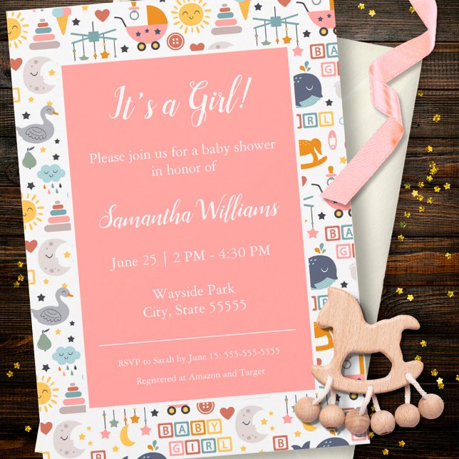 Cute Baby Girl Pink Pattern Baby Shower Invitation (Creator Uploaded)