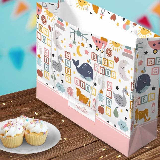Cute Baby Girl Pink Pattern with Name Baby Shower Large Gift Bag (Creator Uploaded)
