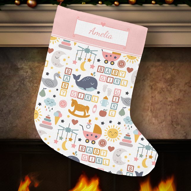 Cute Baby Girl Pink Pattern with Name Large Christmas Stocking (Creator Uploaded)