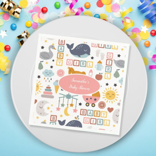 Cute Baby Girl Pink Toy Pattern Baby Shower Napkin (Creator Uploaded)