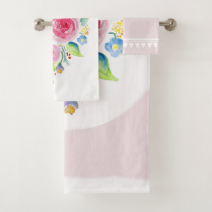 Cute Baby Girl Pink Watercolor Flowers with Name Bath Towel Set
