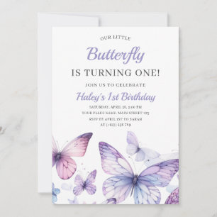Cute Baby Girl Purple Butterfly Kids 1st Birthday Invitation