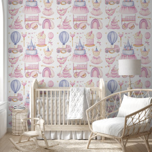 Cute Baby Girl Seamless Pattern Watercolor Nursery Wallpaper