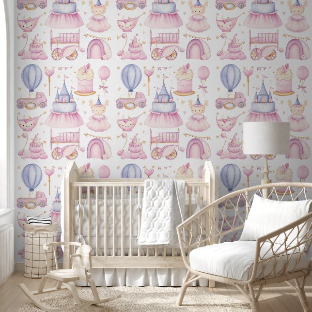 Cute Baby Girl Seamless Pattern Watercolor Nursery Wallpaper (Kids)