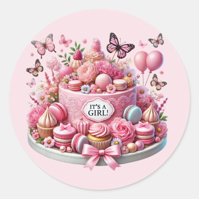 Cute baby girl shower cake  classic round sticker (Front)