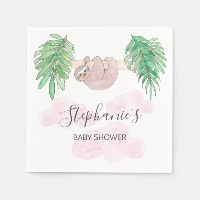 Cute Baby Girl Sloth Baby Shower Napkin (Front)