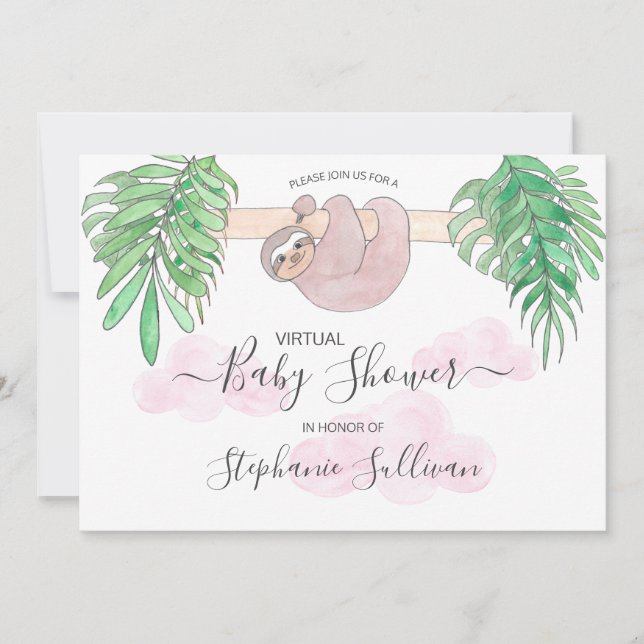 Cute Baby Girl Sloth Virtual Baby Shower Invitation (Front)
