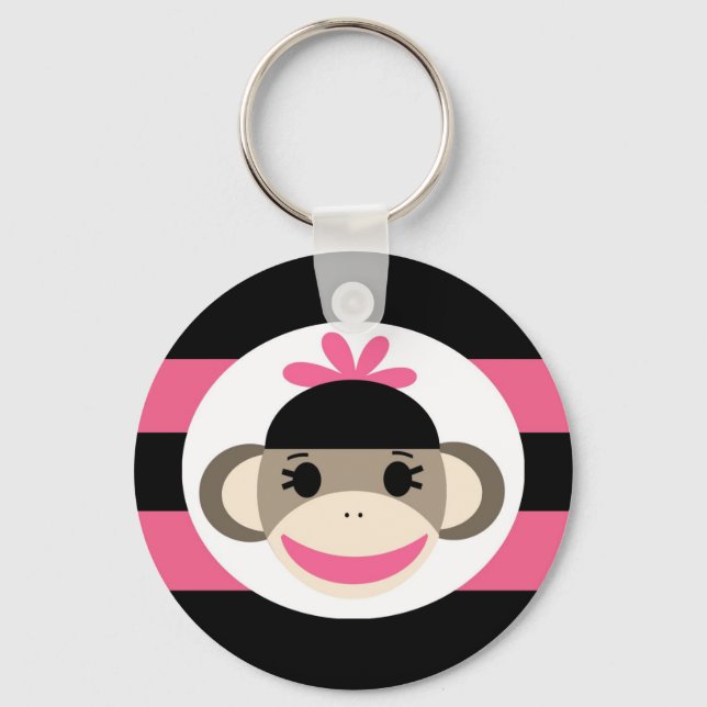 Cute Baby Girl Sock Monkey Black Pink Stripes Key Ring (Front)