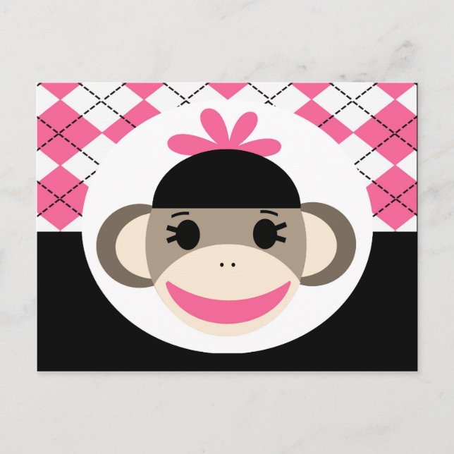 Cute Baby Girl Sock Monkey Pink Black Argyle Postcard (Front)
