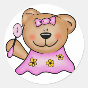 Cute Baby Girl Teddy Bear in Pink Classic Round Sticker