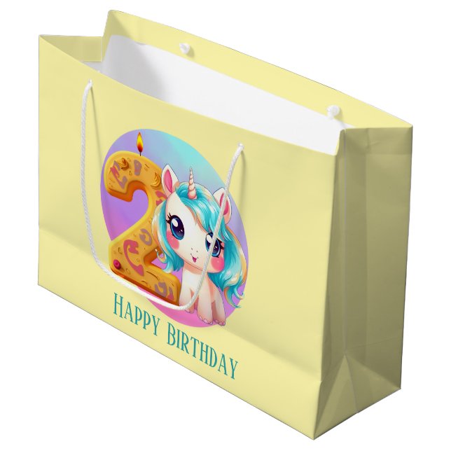 Cute baby girl unicorn 2nd Birthday Large Gift Bag (Front Angled)