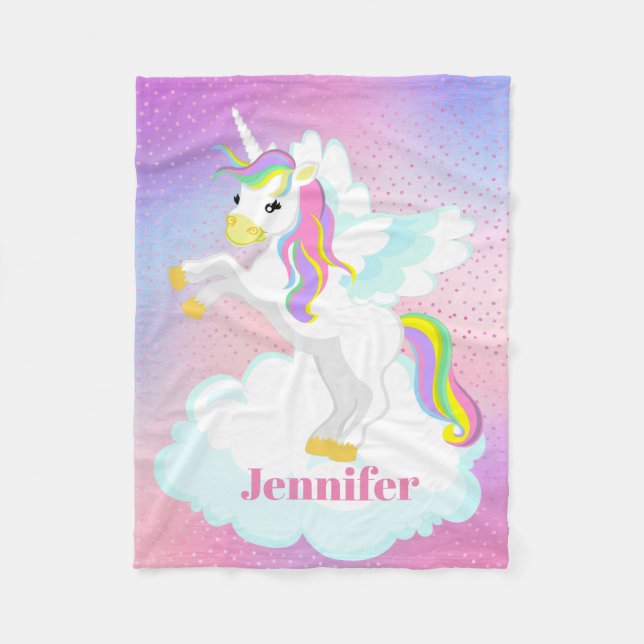 Cute baby girl unicorn add name blanke fleece blanket (Front)