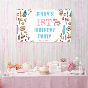 Cute Baby Girl Unicorn Any Age Birthday Party Banner
