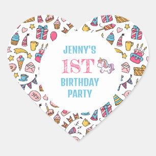 Cute Baby Girl Unicorn Any Age Birthday Party Heart Sticker