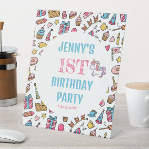 Cute Baby Girl Unicorn Any Age Birthday Party Pedestal Sign