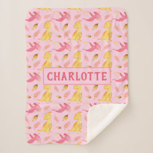 Cute Baby Girl Watercolor Dinosaurs Personalized Sherpa Blanket