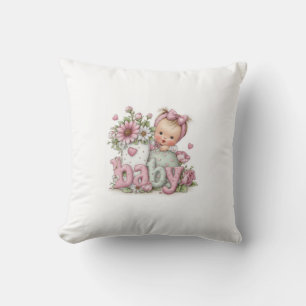 Cute Baby Girl with Flowers & Pink Letters   Sweet Cushion