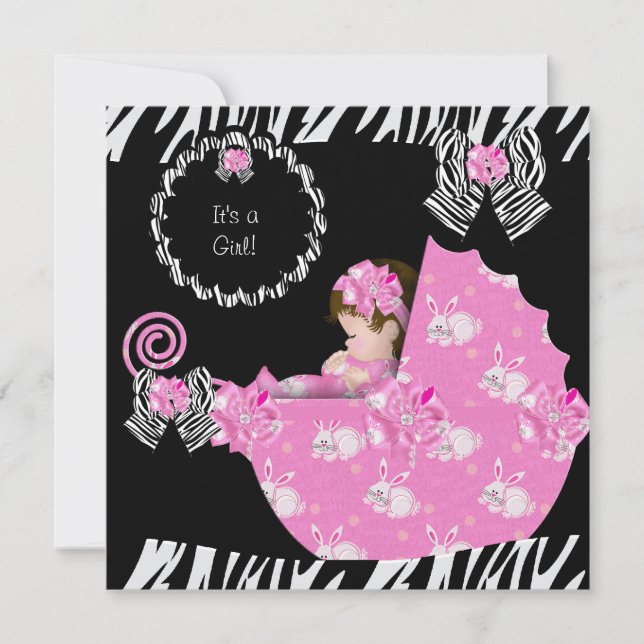 Cute Baby Girl Zebra Baby Shower Pink Pram Invitation (Front)