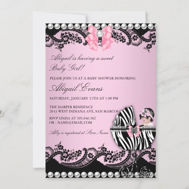 Cute Baby Girl Zebra Lace & Bows Baby Shower Invitation (Front)