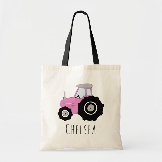 Cute Baby Girl's Pink Farm Tractor and Name Tote Bag (Front)