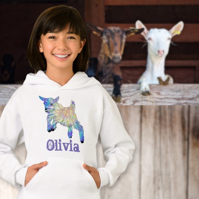 Cute Baby Goat Farm Animal Art (Cute jumping baby goat colorful animal art custom name girls sweatshirt)