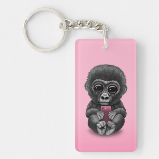 Cute Baby Gorilla Holding a Cell Phone Pink Key Ring (Front)